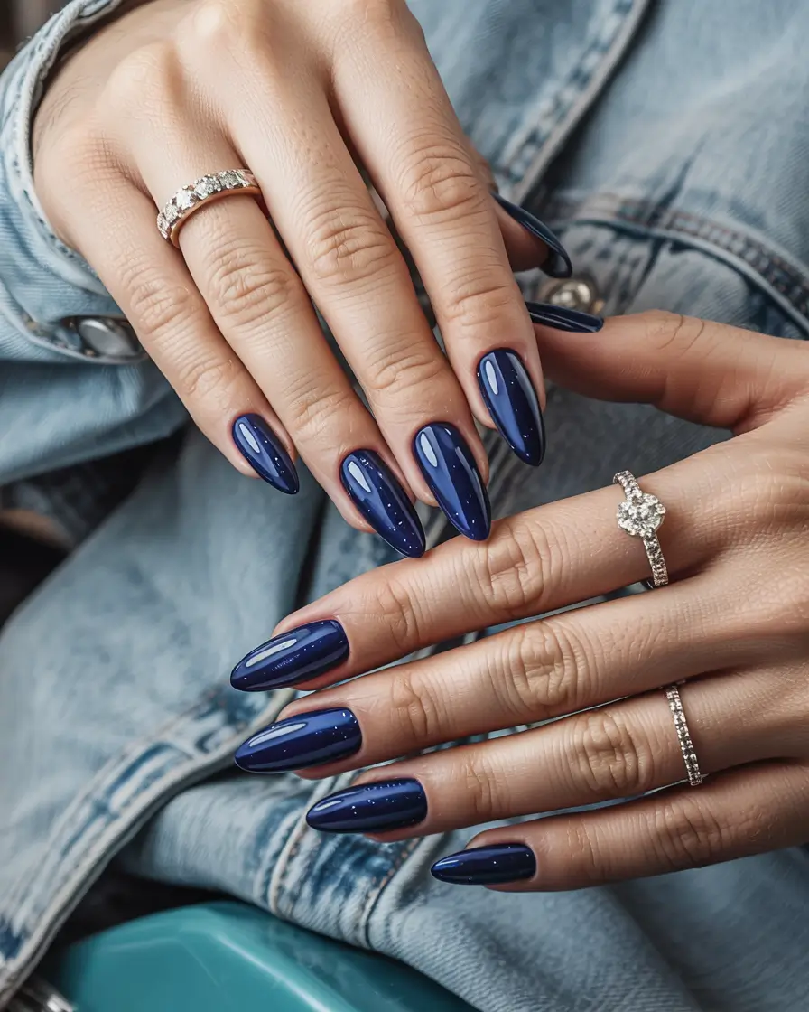 stunning spring almond nails 2026 Deep Midnight Blue Almonds With a High Gloss Finish