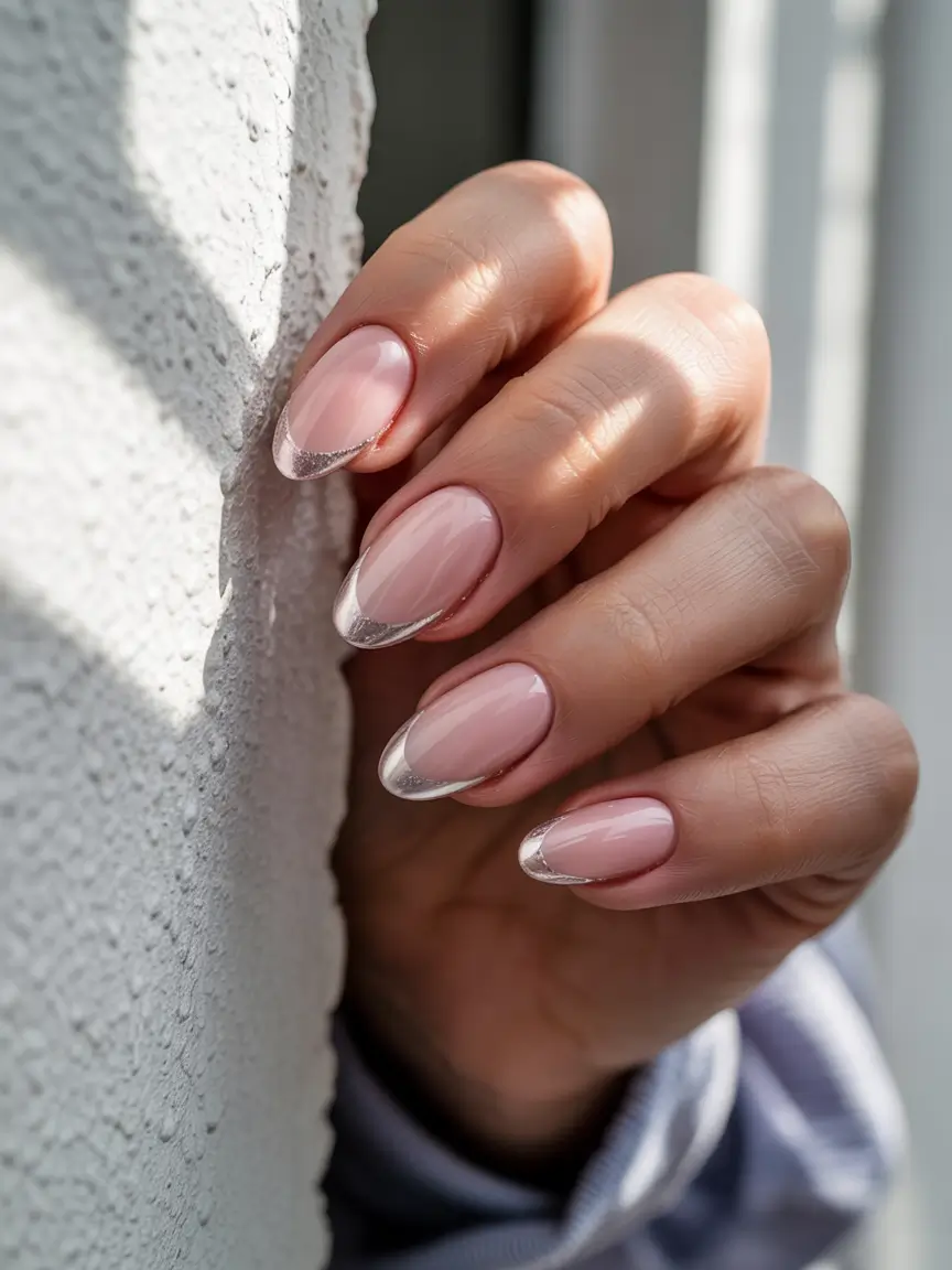 stunning spring almond nails 2026 Soft Pink Almonds with Silver Shimmer Tips