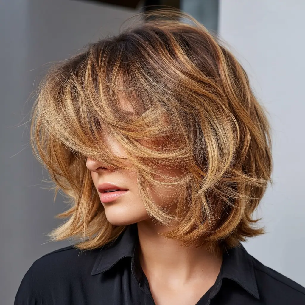 stylish spring butterfly haircuts 2026 Layered Honey Blonde Butterfly Bob