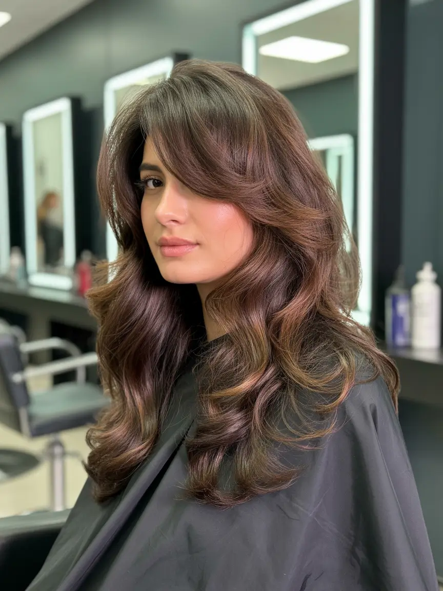 stylish spring butterfly haircuts 2026 Rich Brunette Butterfly Cut with Voluminous Side Sweep