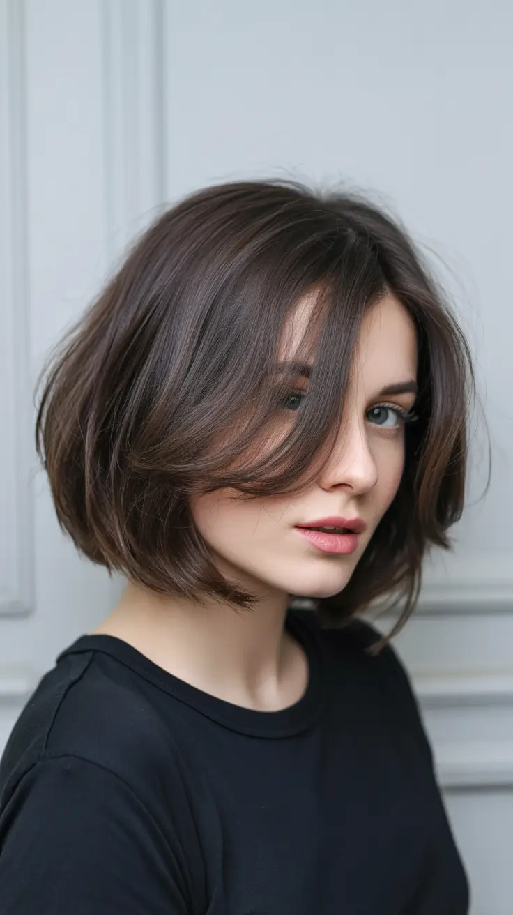 stylish spring butterfly haircuts 2026 Short Brunette Butterfly with Soft Side Sweep