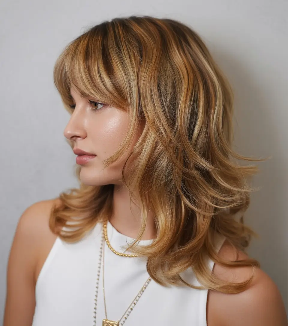 stylish spring butterfly haircuts 2026 Golden Shoulder Length Butterfly Cut with Airy Bangs