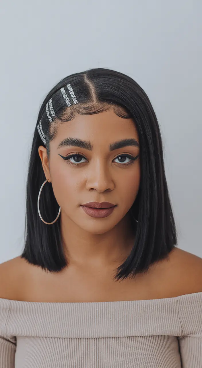 stylish spring hairstyle for black women 2026 Blunt Shoulder Bob with Crystal Detail