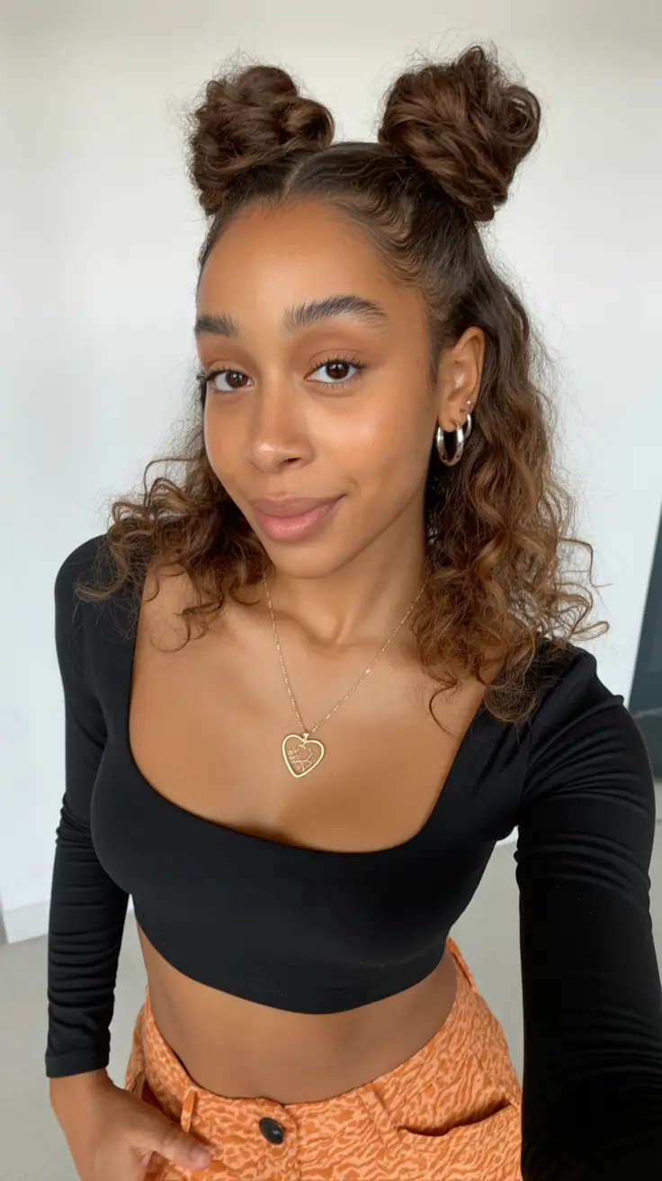 stylish spring hairstyle for black women 2026 Playful Double Buns with Defined Curls