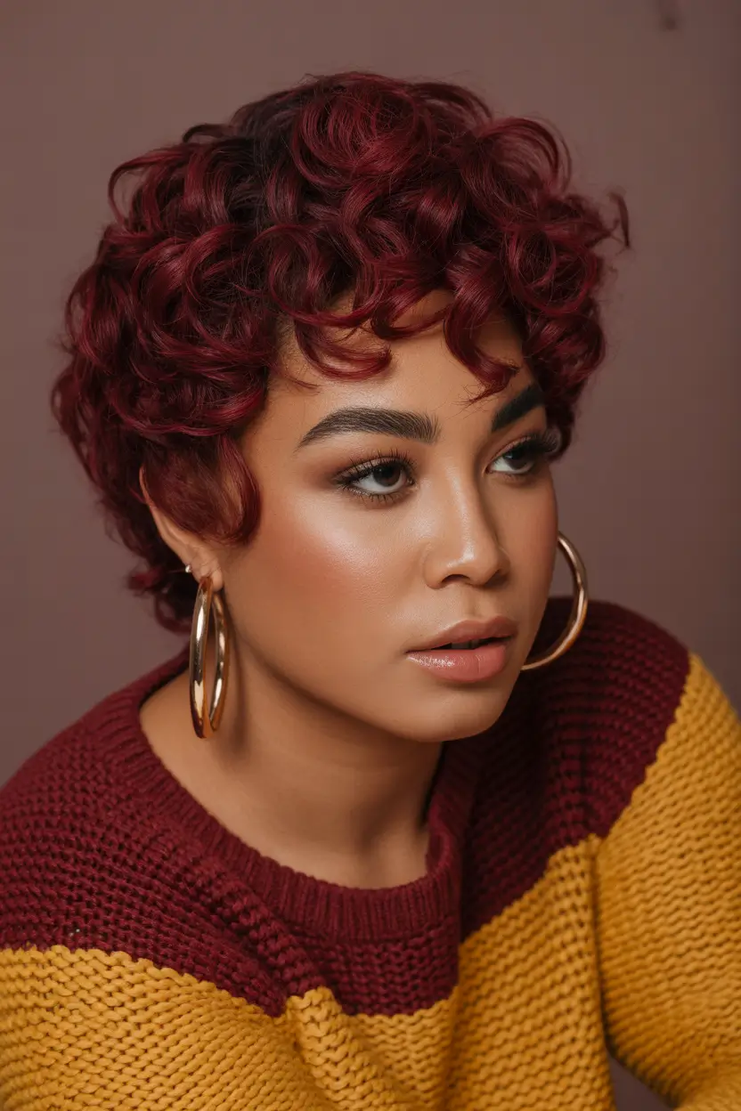 stylish spring hairstyle for black women 2026 Cherry Red Curly Pixie with Volume