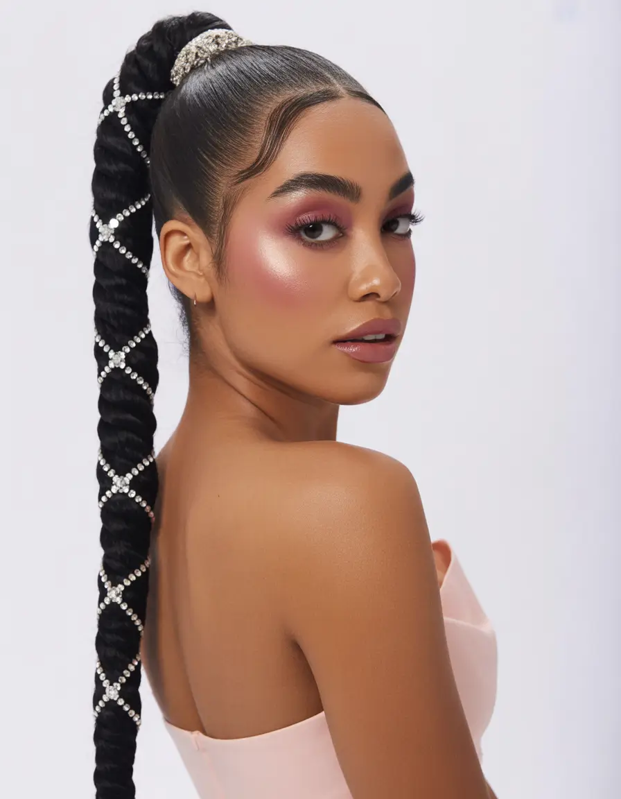 stylish spring hairstyle for black women 2026 Statement Braided Ponytail with Crystal Wrap