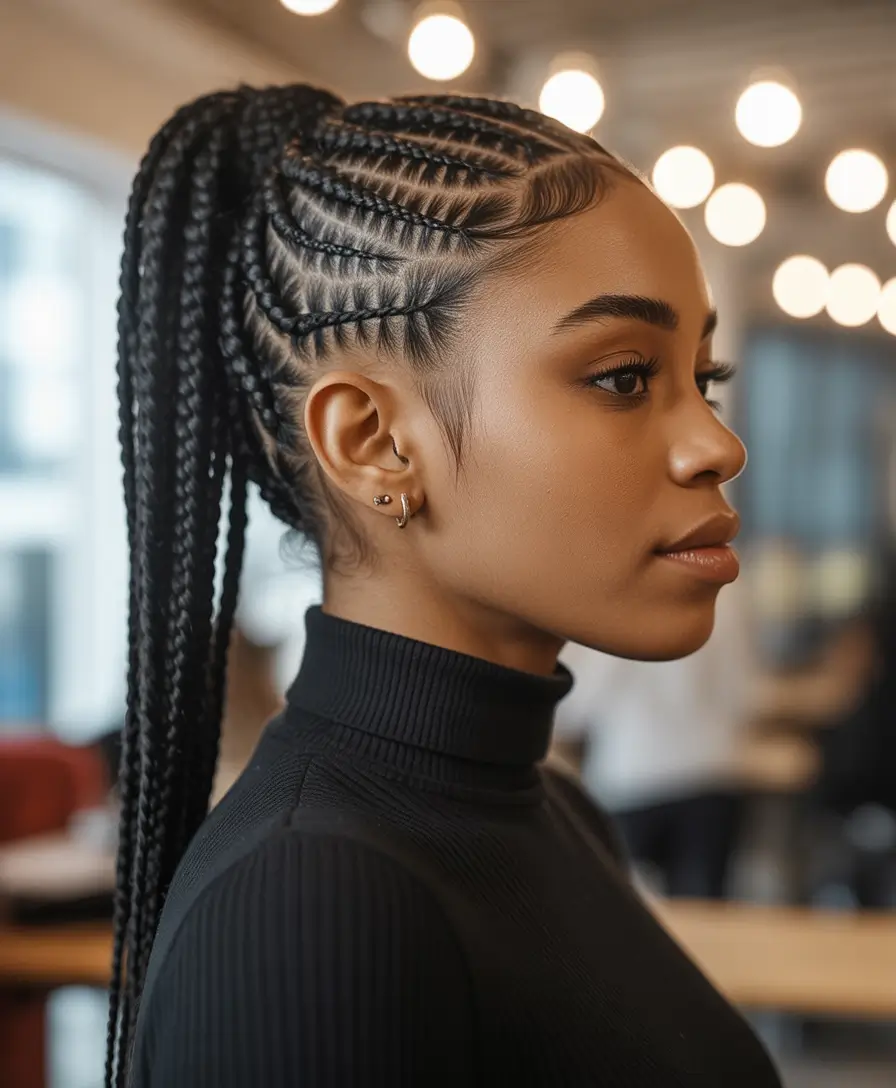 stylish spring hairstyle for black women 2026 Precision Cornrow High Ponytail