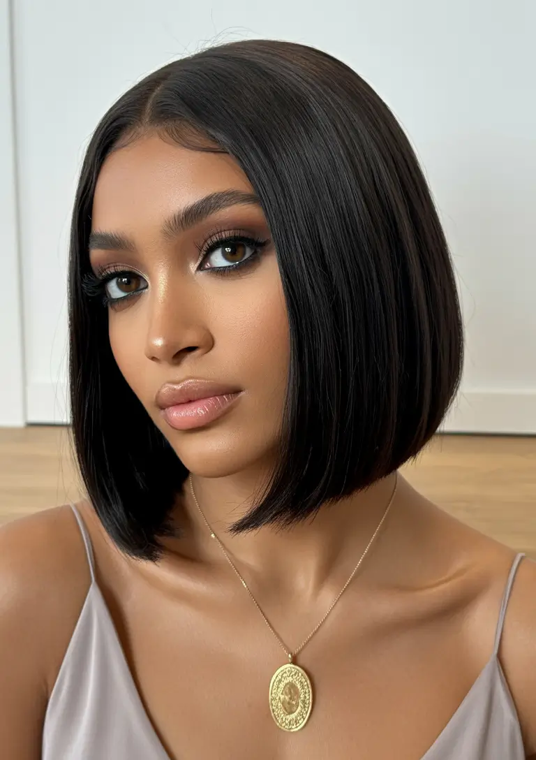 stylish spring hairstyle for black women 2026 Sleek Blunt Bob with Glass Shine