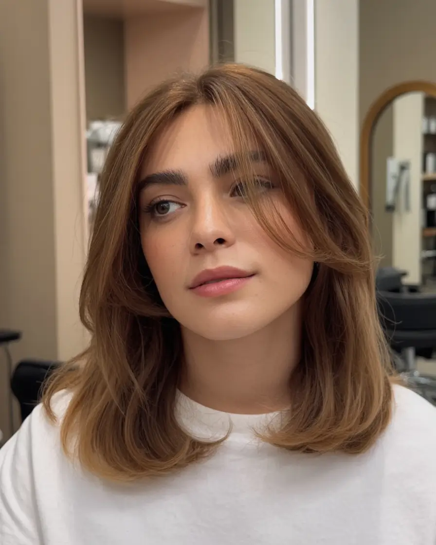 stylish spring long bob haircuts 2026 Soft Honey Brown Long Bob with Curtain Bangs
