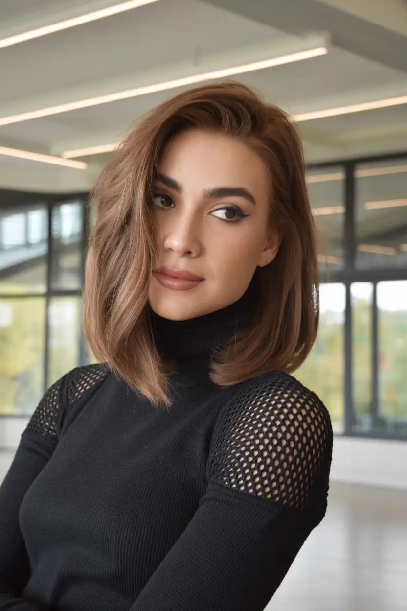stylish spring long bob haircuts 2026 Soft Caramel Angled Long Bob with Side Volume