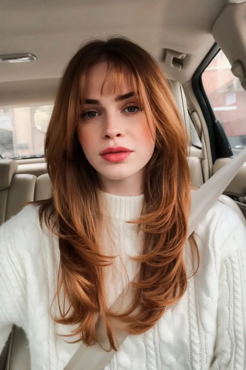 trending spring haircuts 2026 Soft layered copper with airy fringe