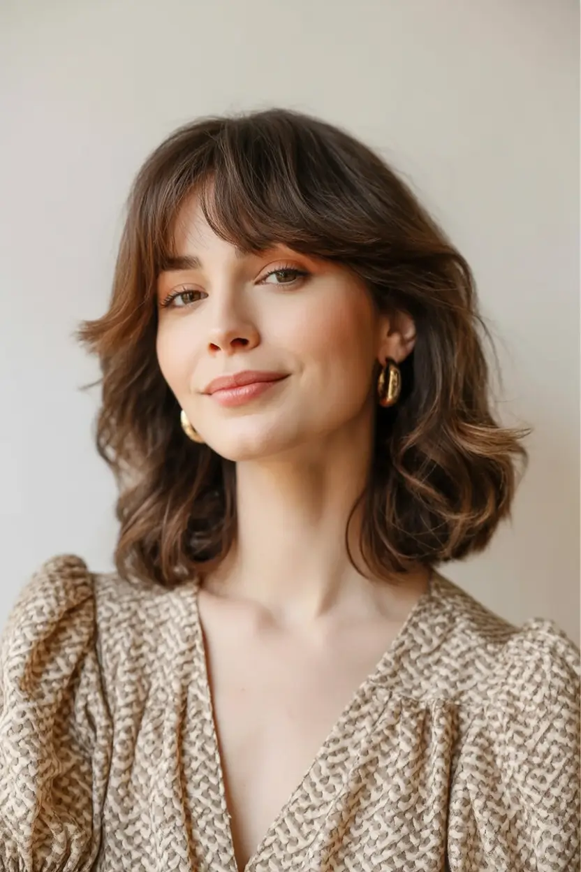 trending spring haircuts 2026 Medium brunette waves with fringe