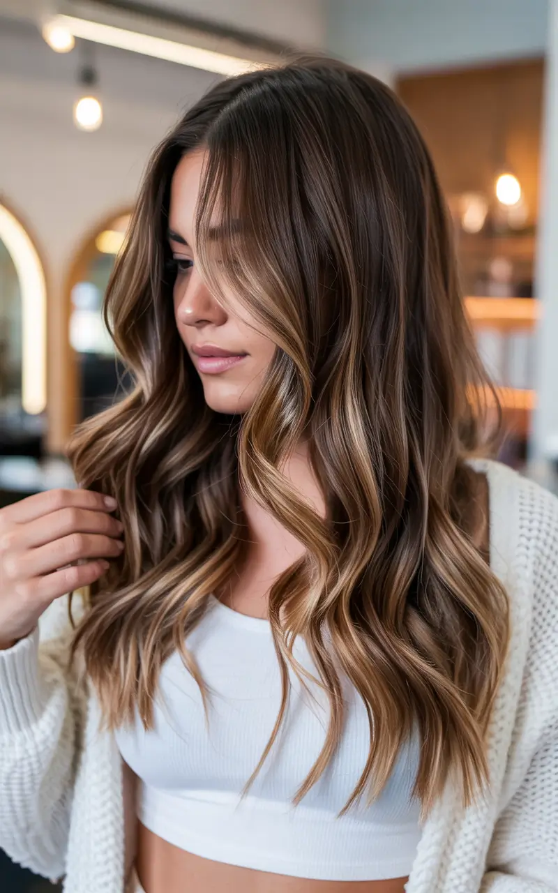 trendy spring hair color light skin 2026 Golden Espresso Brunette With Soft Luminous Highlights