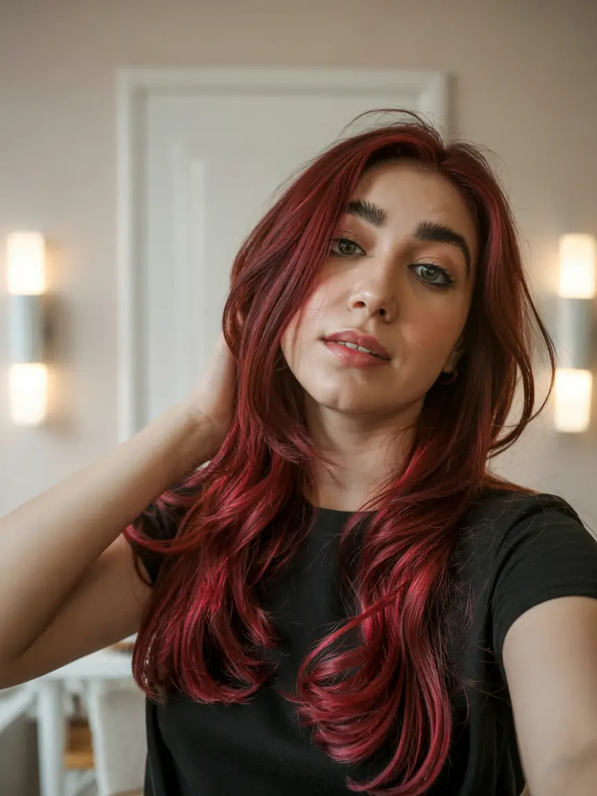 trendy spring hair color light skin 2026 Cherry Merlot Lengths for a Bold Spring Glow