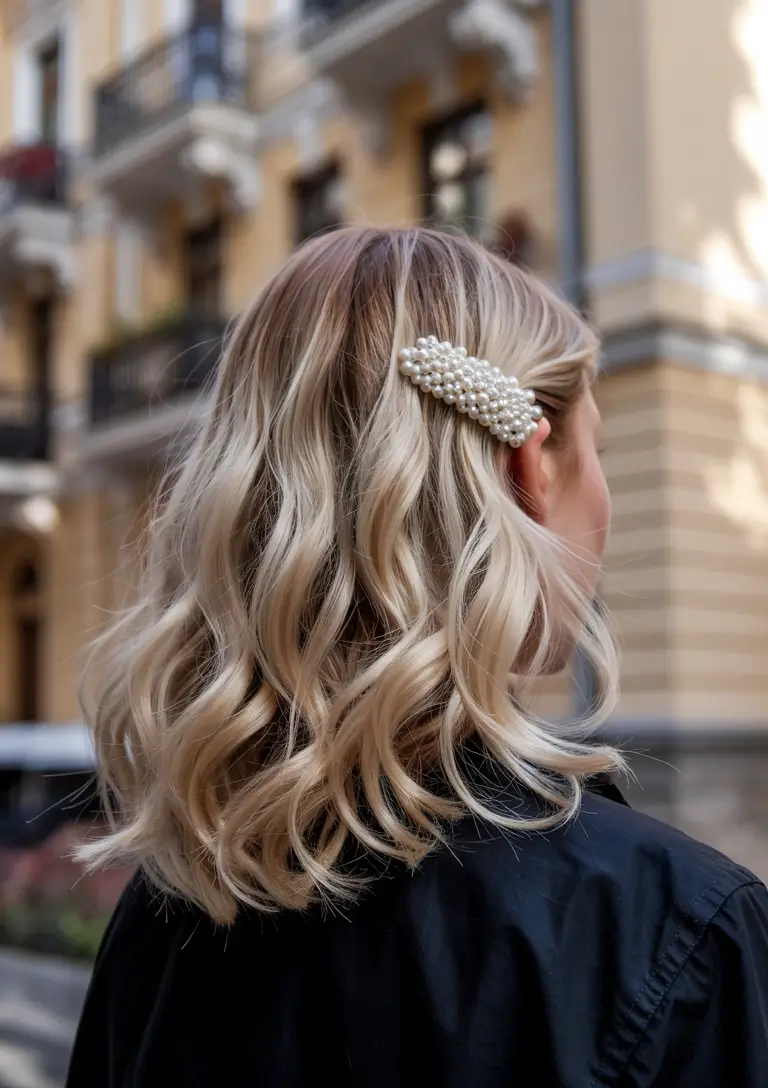 trendy spring hair color light skin 2026 Creamy Blonde Waves With a Soft Spring Accessory