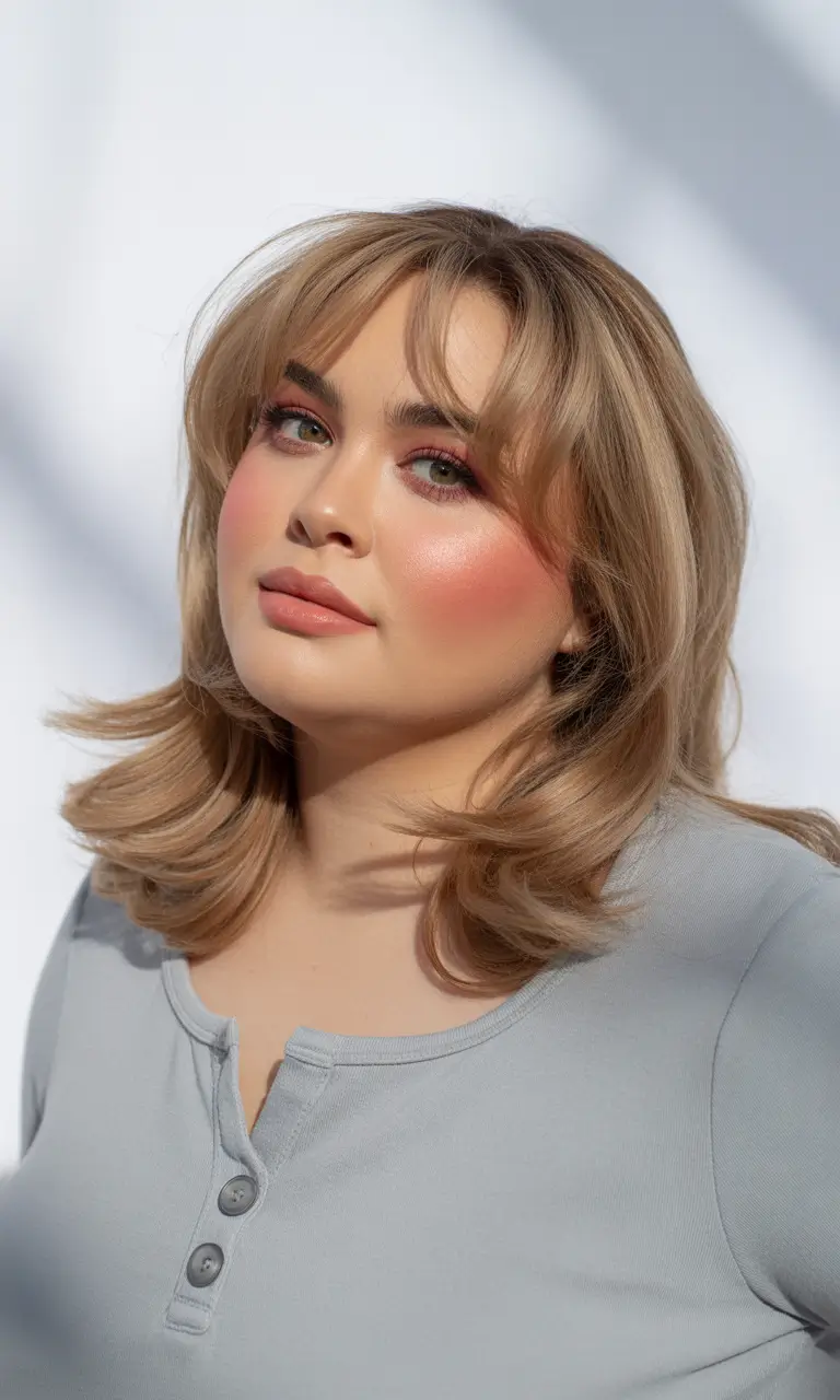Trendy Spring Haircuts for Plus Size Women 2026 Layered Spring Flip With Feathered Curtain Bangs