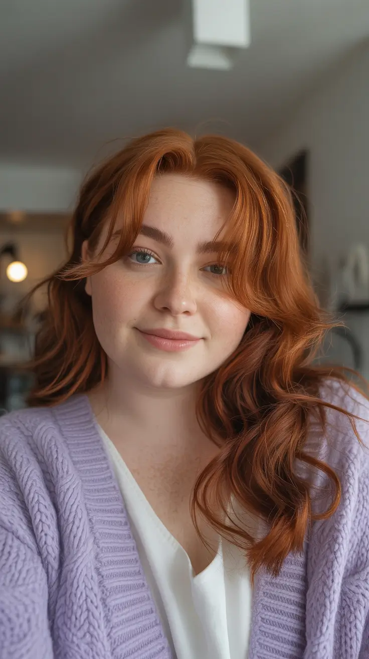Trendy Spring Haircuts for Plus Size Women 2026 Glossy Copper Waves With Soft Curtain Fringe