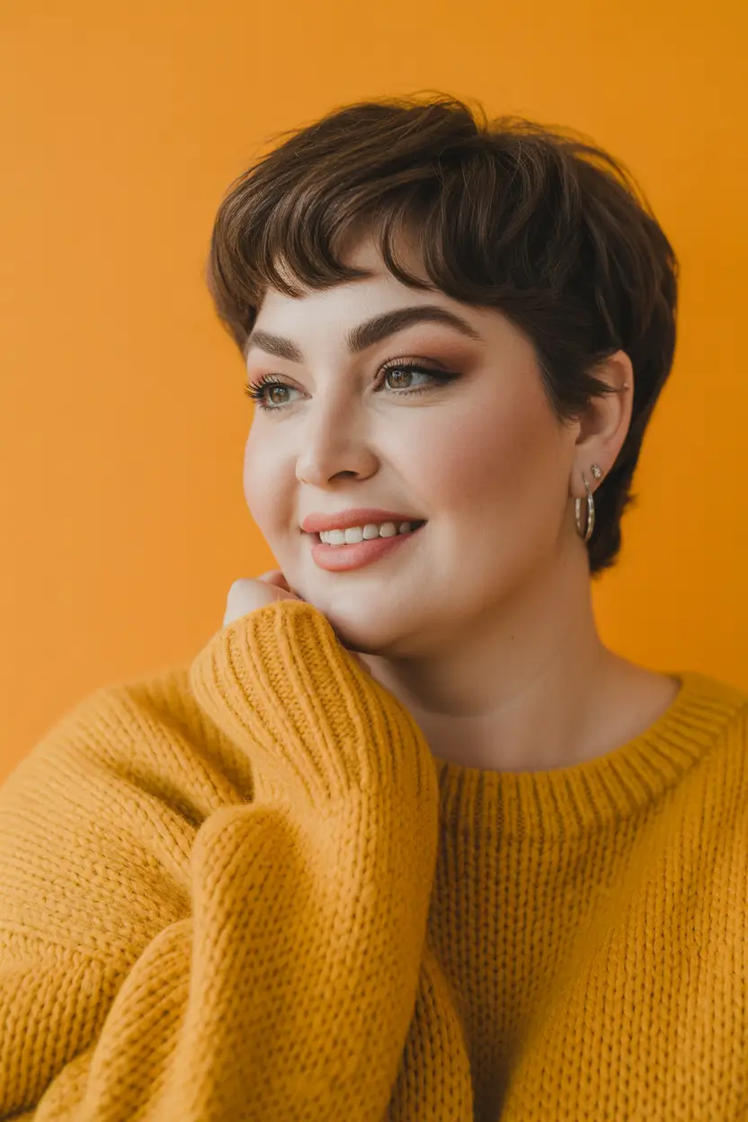Trendy Spring Haircuts for Plus Size Women 2026 Soft Textured Pixie With Curved Fringe
