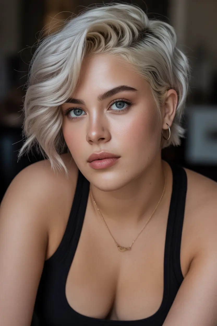 Trendy Spring Haircuts for Plus Size Women 2026 Platinum Side Swept Pixie With Sculpted Texture