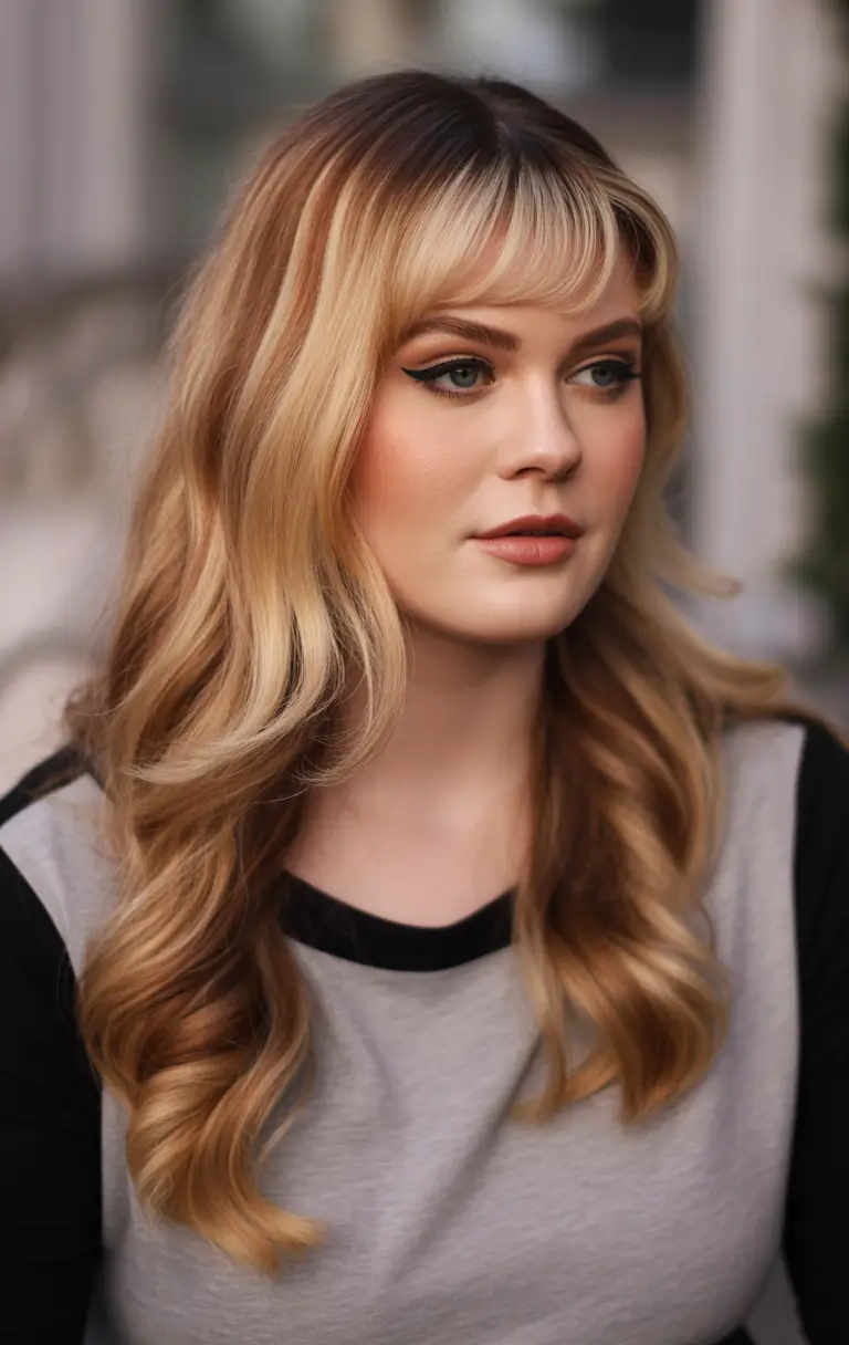 Trendy Spring Haircuts for Plus Size Women 2026 Long Soft Waves With Baby Fringe