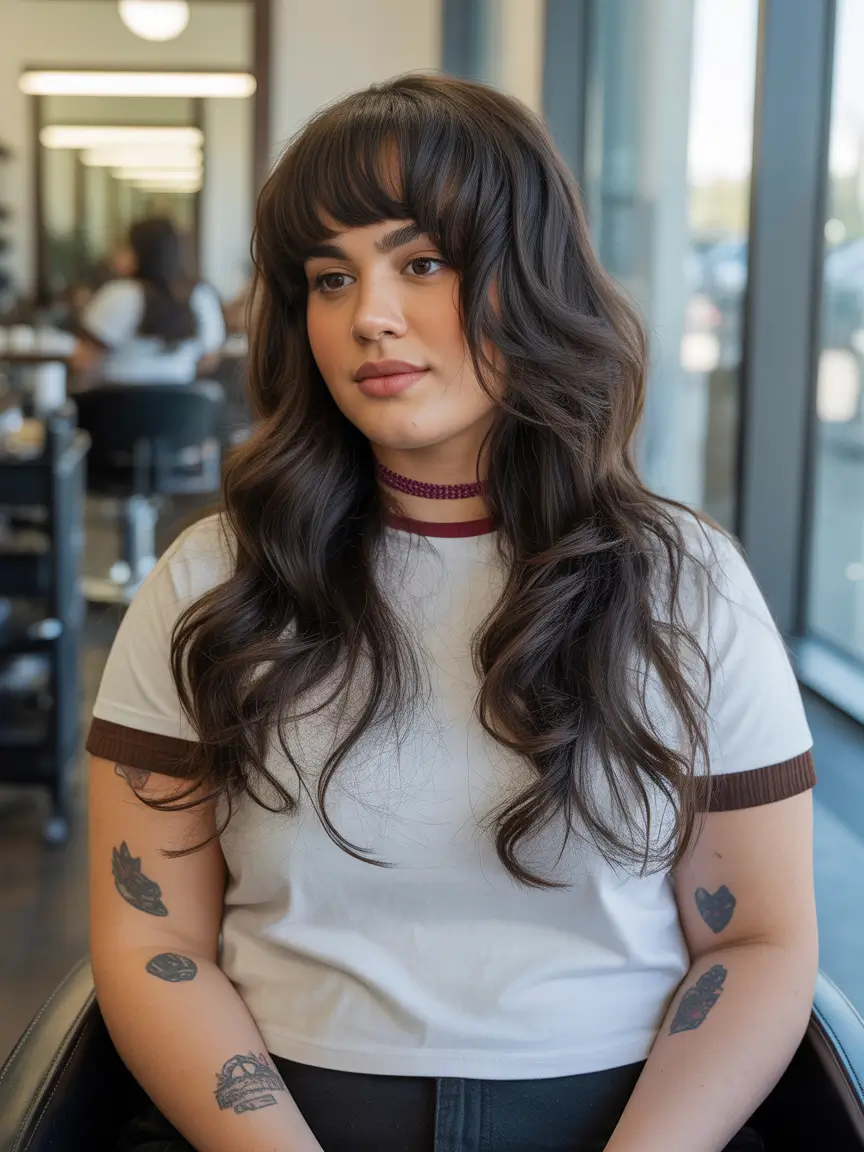 Trendy Spring Haircuts for Plus Size Women 2026 Long Cascading Waves With Soft Rounded Fringe