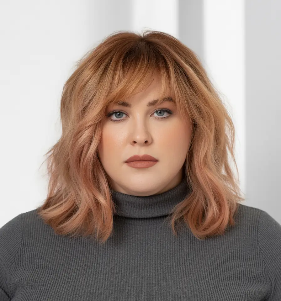 Trendy Spring Haircuts for Plus Size Women 2026 Warm Rose Layered Lob With Soft Fringe