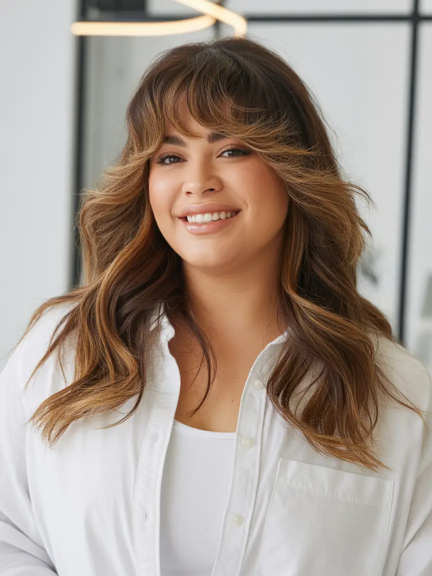 Trendy Spring Haircuts for Plus Size Women 2026 Layered Long Waves With Soft Curtain Bangs