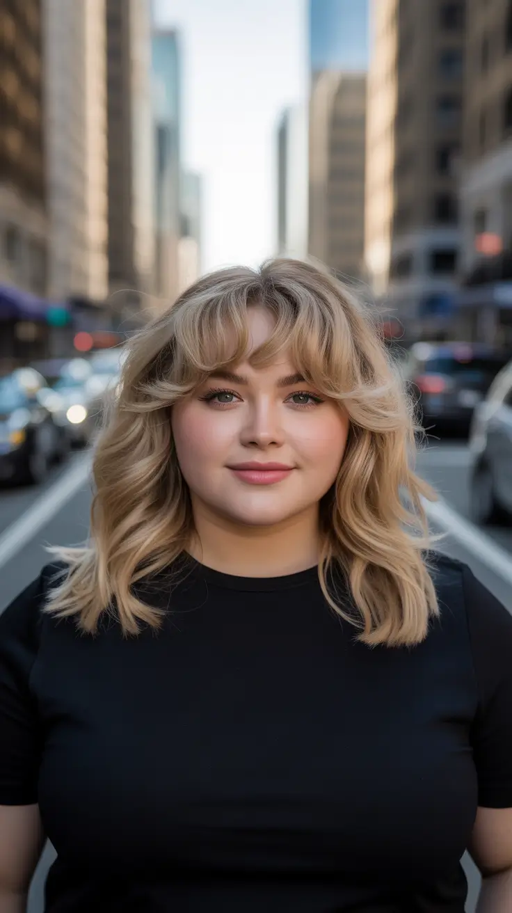 Trendy Spring Haircuts for Plus Size Women 2026 Layered Blonde Midi With Soft Curtain Fringe