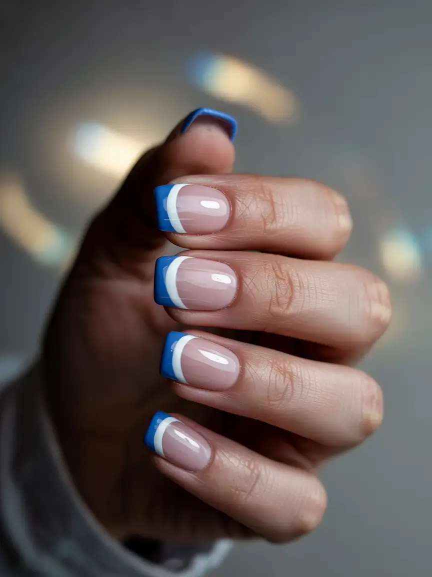 unique spring nail design 2026 Blue French Refresh With Graphic Precision
