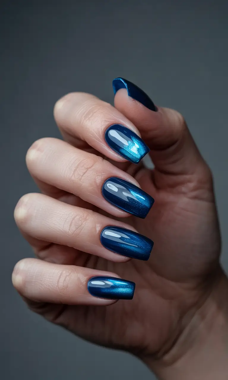 unique spring nail design 2026 Deep Blue Aurora Shine With Square Elegance