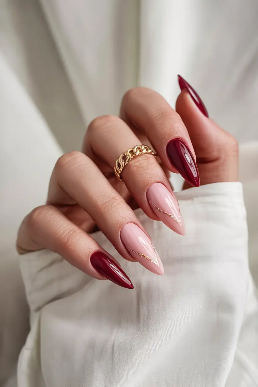 unique spring nail design 2026 Berry Wine Meets Soft Blush In Almond Drama