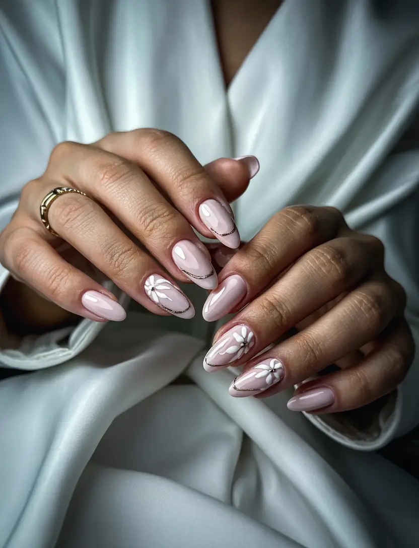 unique spring nail design 2026 Soft Pink Daisies With Gold Lined Elegance