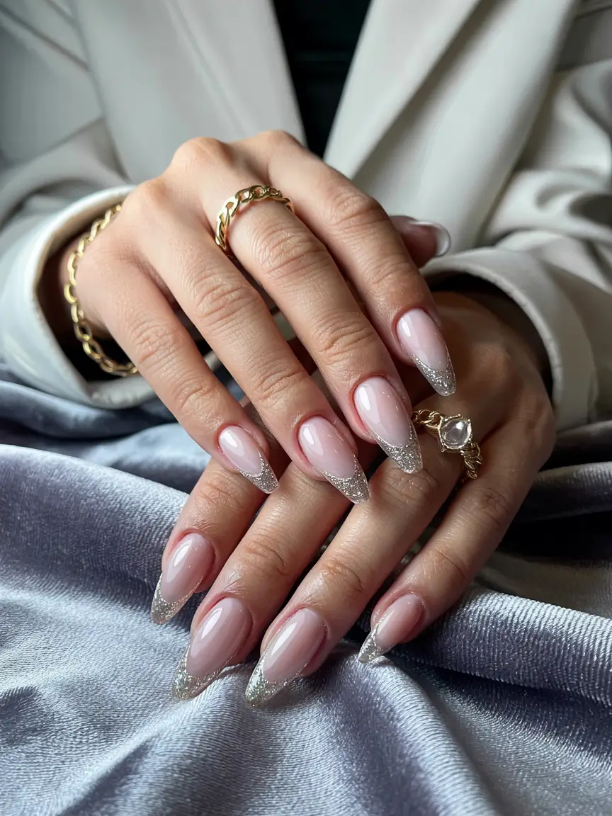 unique spring nail design 2026 Silver Frosted Tips With Almond Grace