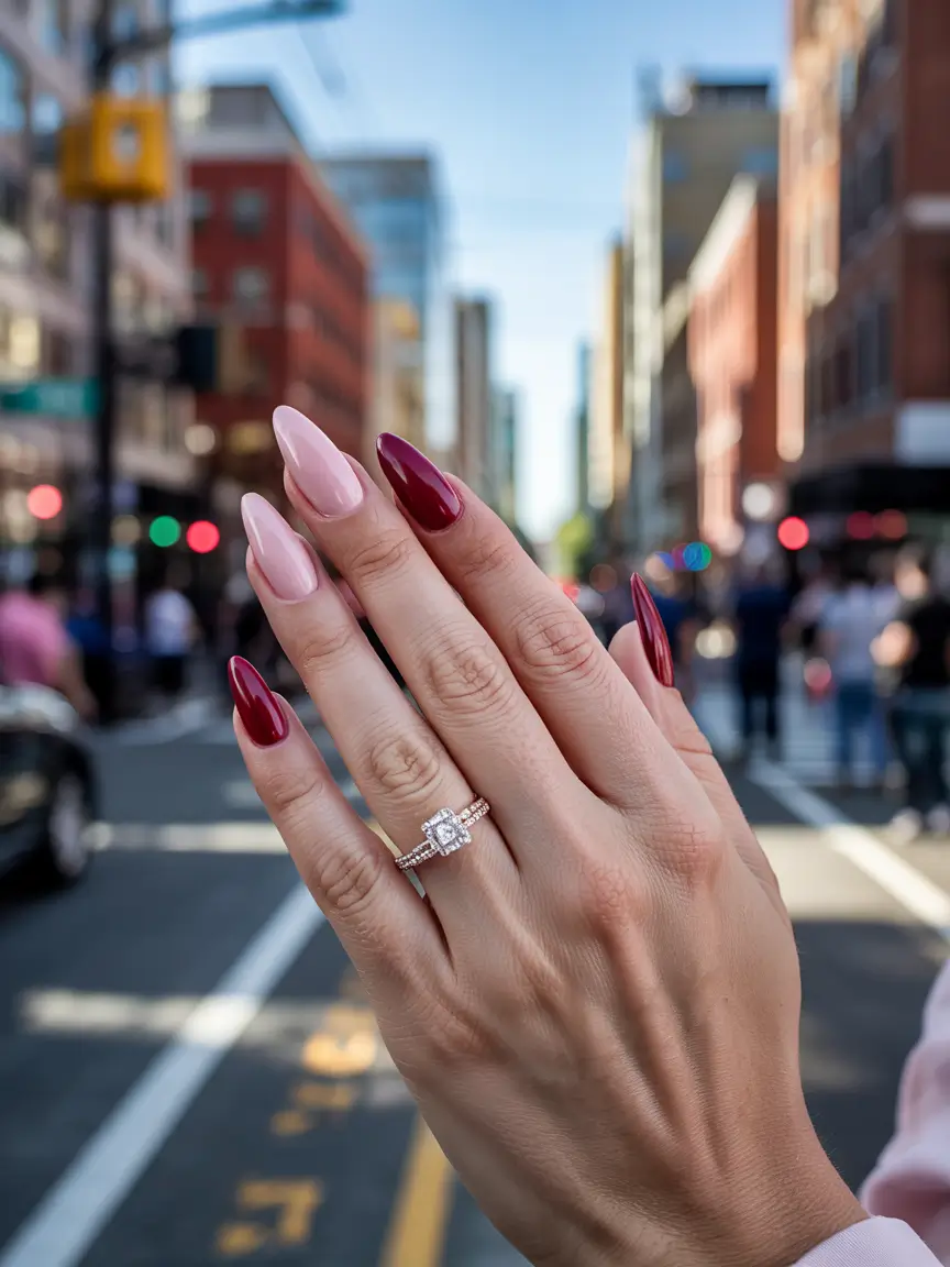 unique spring nail design 2026 City Bloom Two Tone Almond Styling