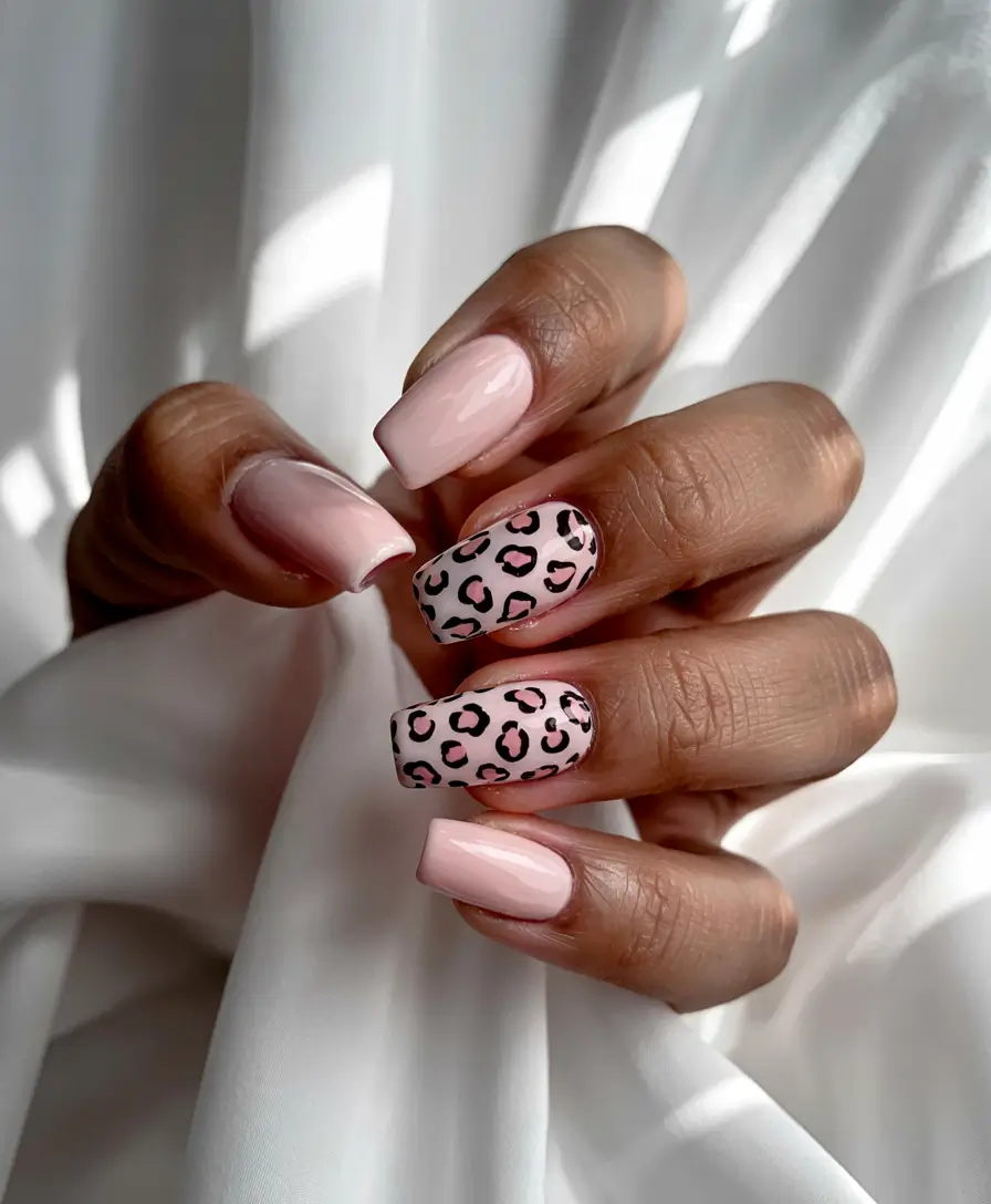 unique spring nail design 2026 Soft Blush Leopard With Playful Spring Confidence