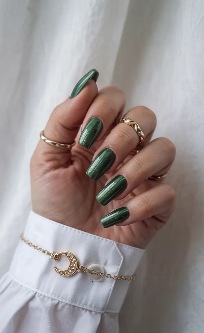 unique spring nail design 2026 Emerald Shine Power With Structured Calm