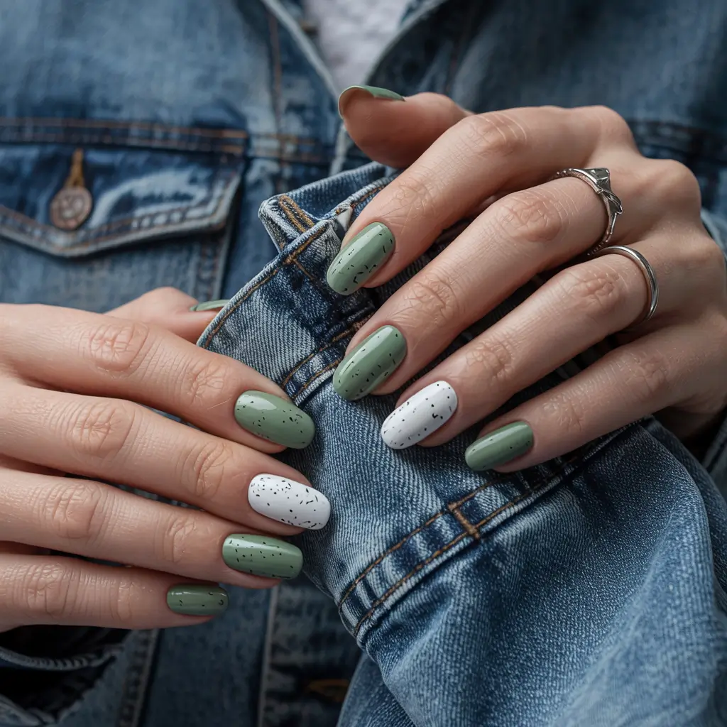 unique spring nail design 2026 Moss And Speckled White With Casual Spring Ease