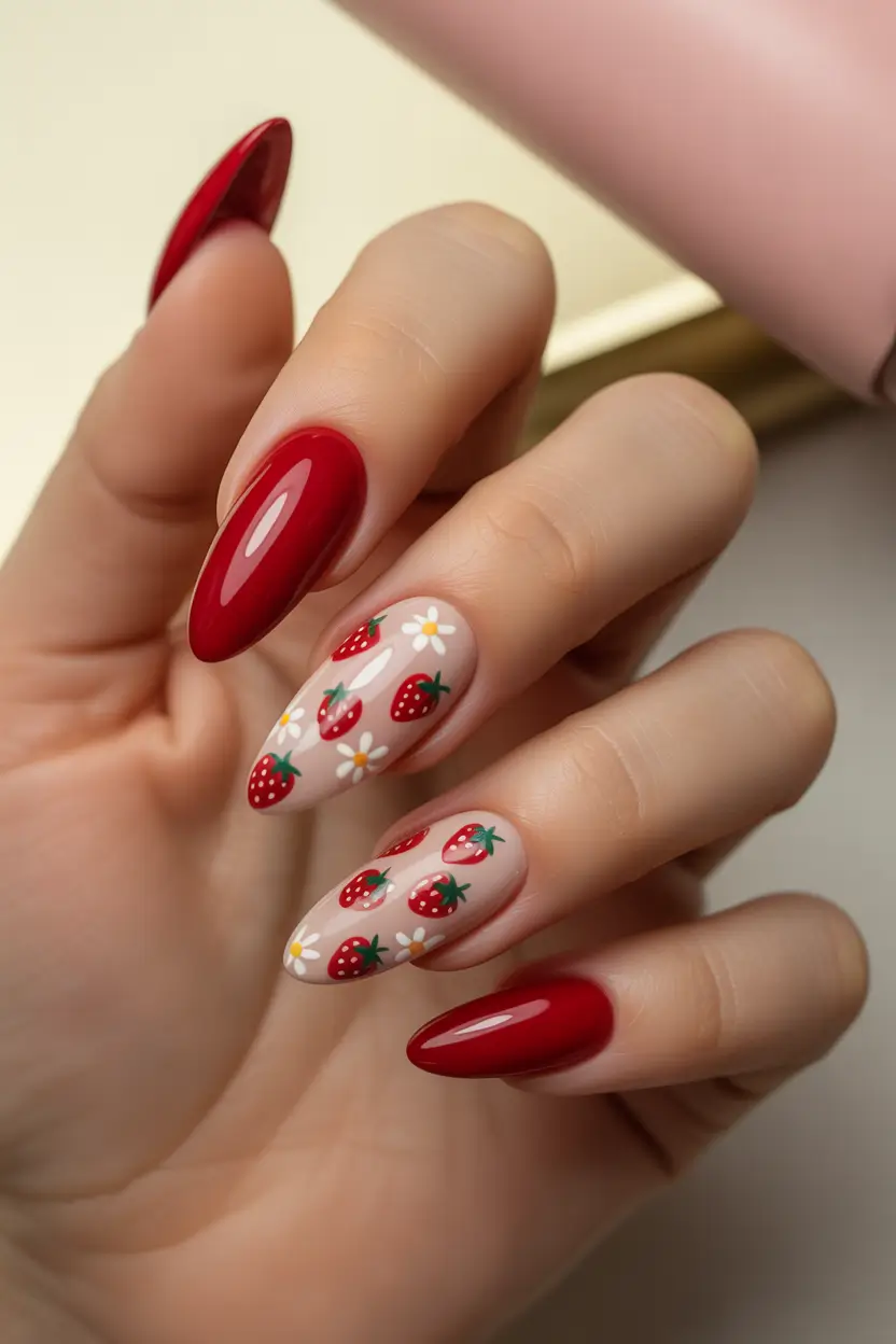 unique spring nail design 2026 Strawberry Fields Spring Fantasy
