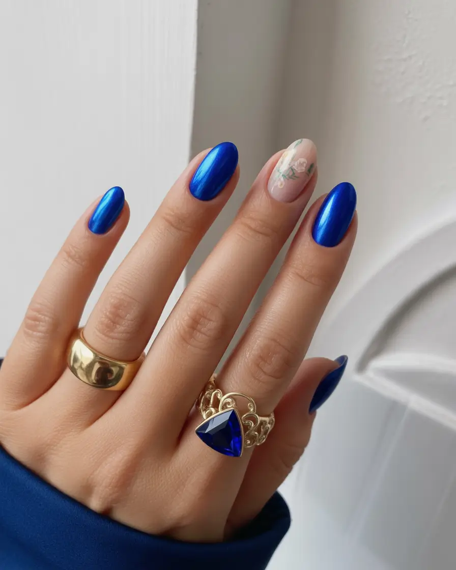 unique spring nail design 2026 Blue Chrome Blooming Accent