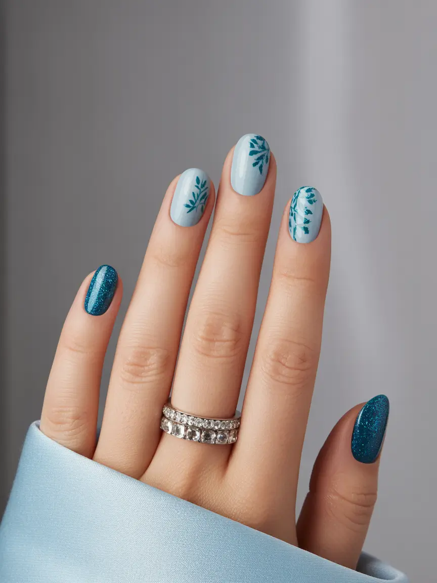 unique spring nail design 2026 Sky Petals And Shimmering Blue Energy