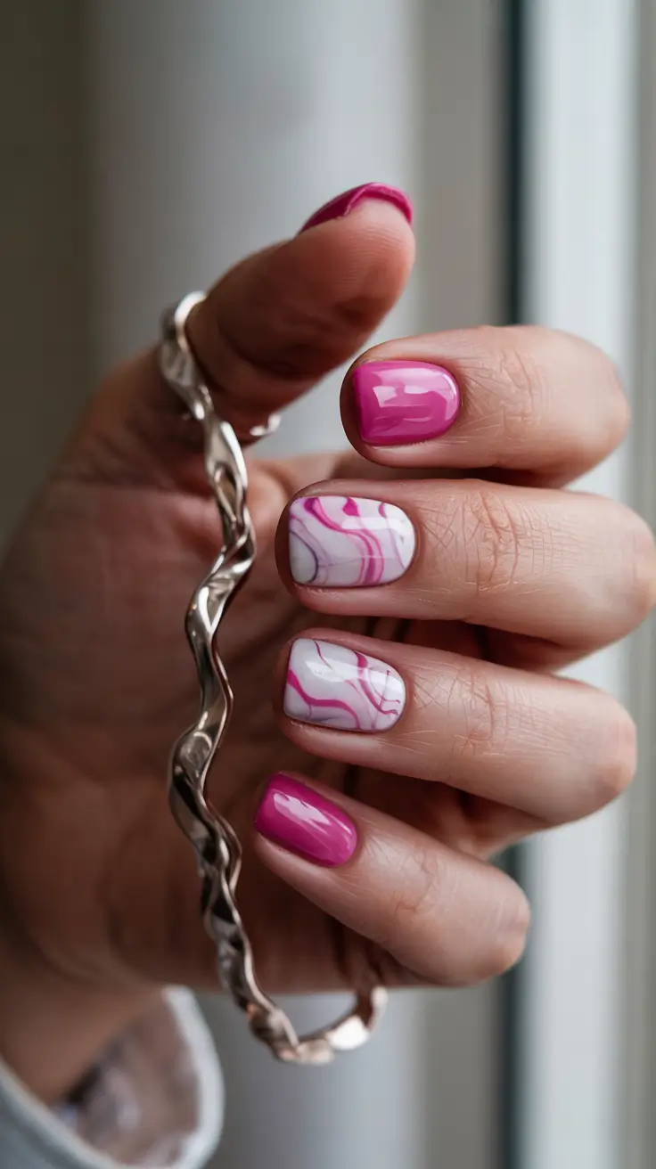 unique spring nail design 2026 Pink Marble Short Art With Spring Vibes