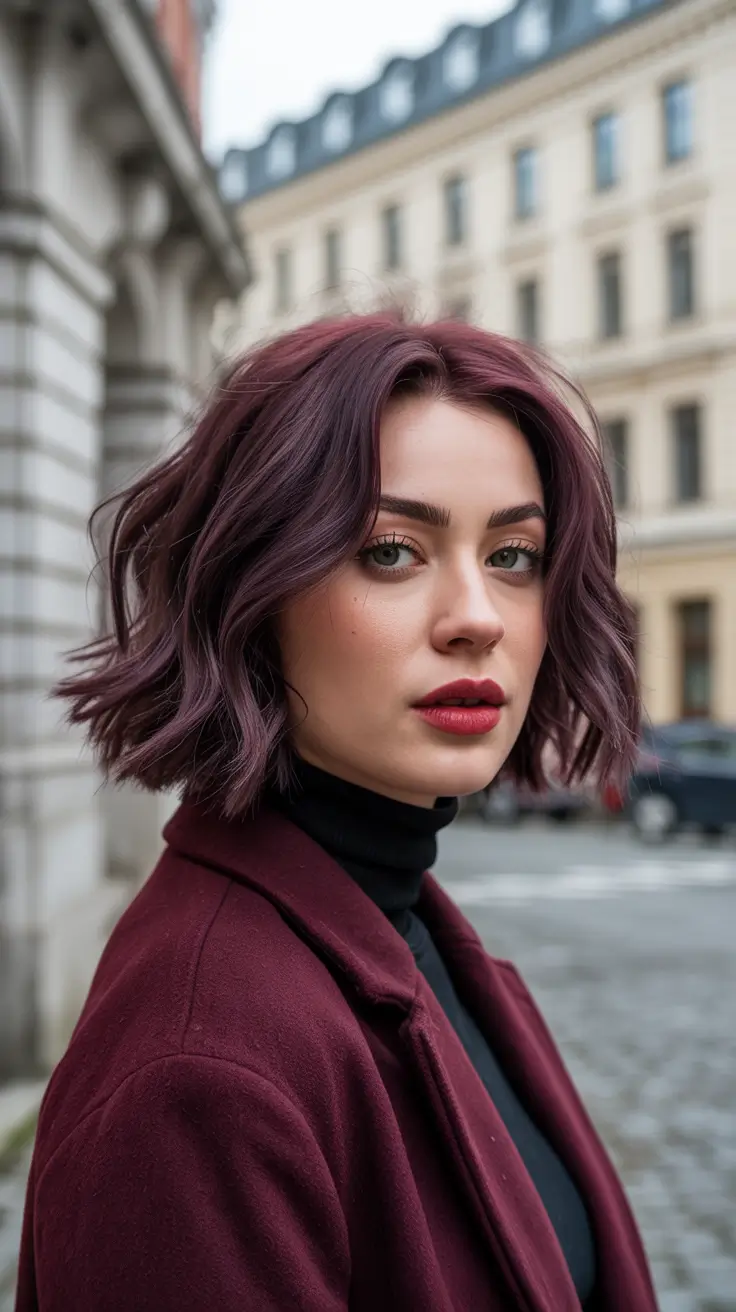 vibrant spring hair color ideas 2026 to look younger Mulberry Plum Textured Bob for Instant Anti Aging Glow