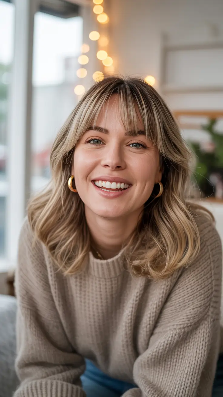 vibrant spring hair color ideas 2026 to look younger Soft Beige Blonde with Curtain Bangs for Youthful Movement