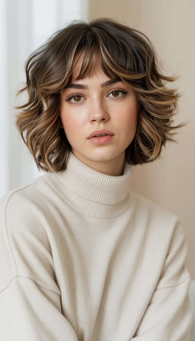 vibrant spring hair color ideas 2026 to look younger Modern Shaggy Brunette Bob with Golden Highlights