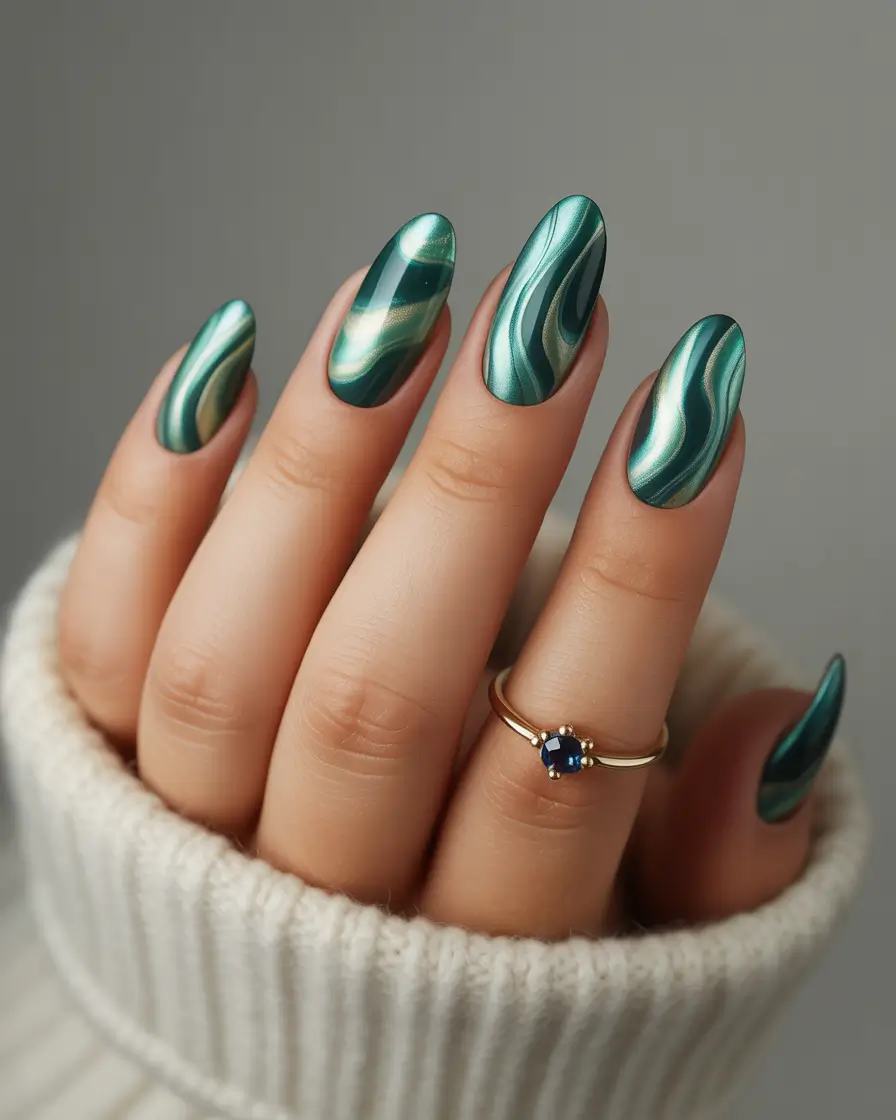 vibrant spring nail colors 2026 Green Marble Flow