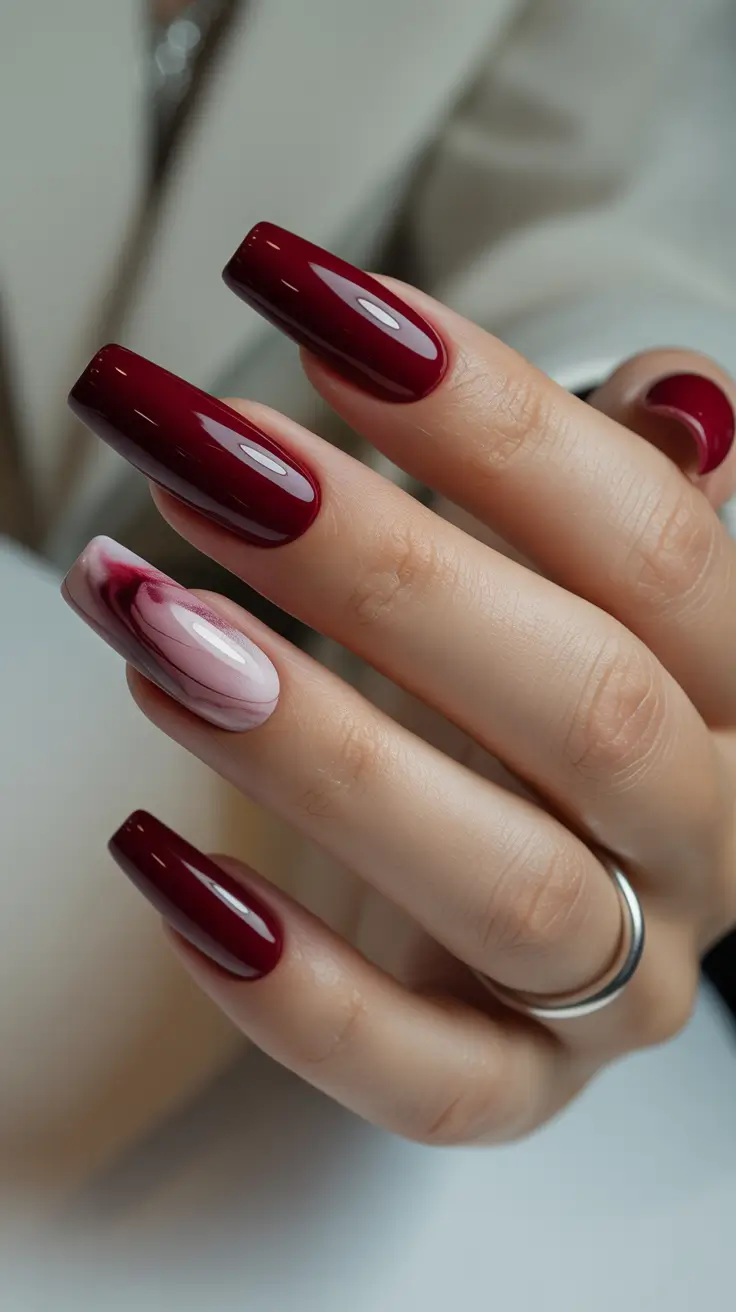 vibrant spring nail colors 2026 Crimson Marble Accent