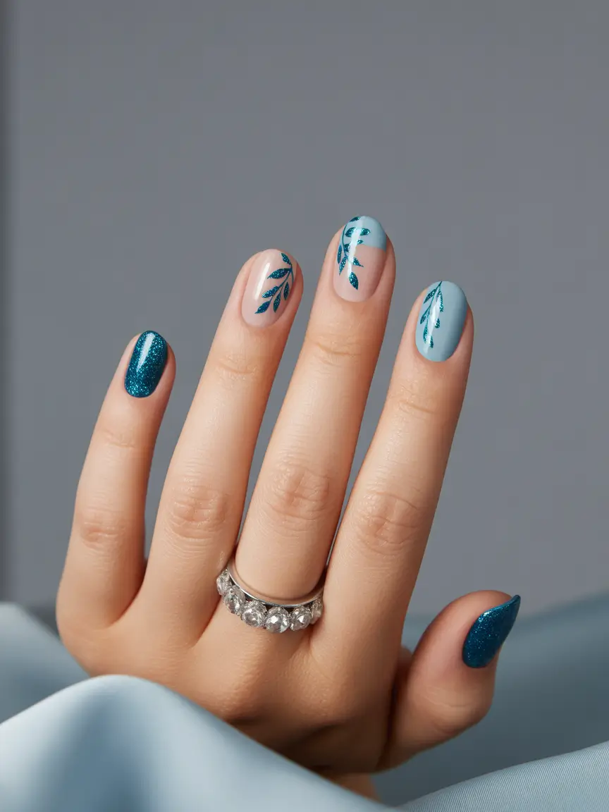vibrant spring nail colors 2026 Sky Blue Botanical Accents