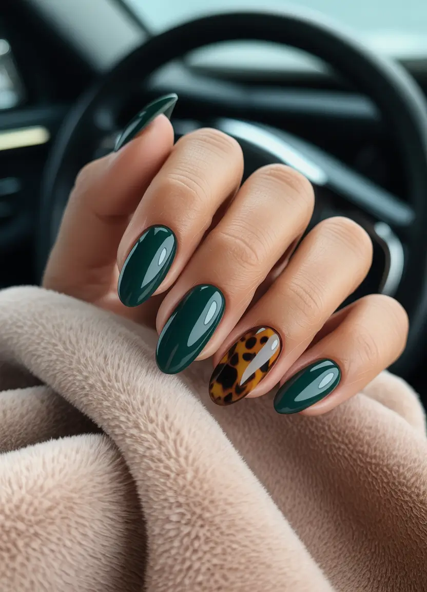 vibrant spring nail colors 2026 Deep Green With Tortoiseshell Accent