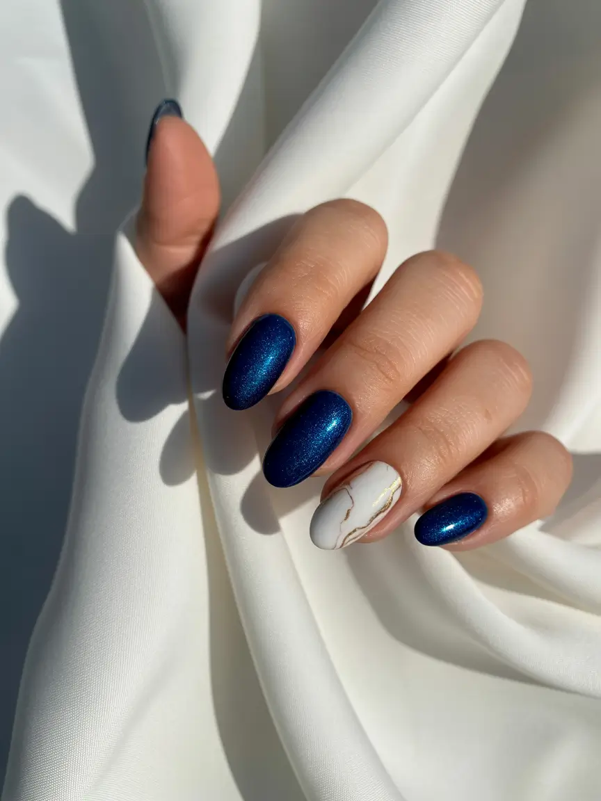 vibrant spring nail colors 2026 Navy Sparkle With Marble Accent
