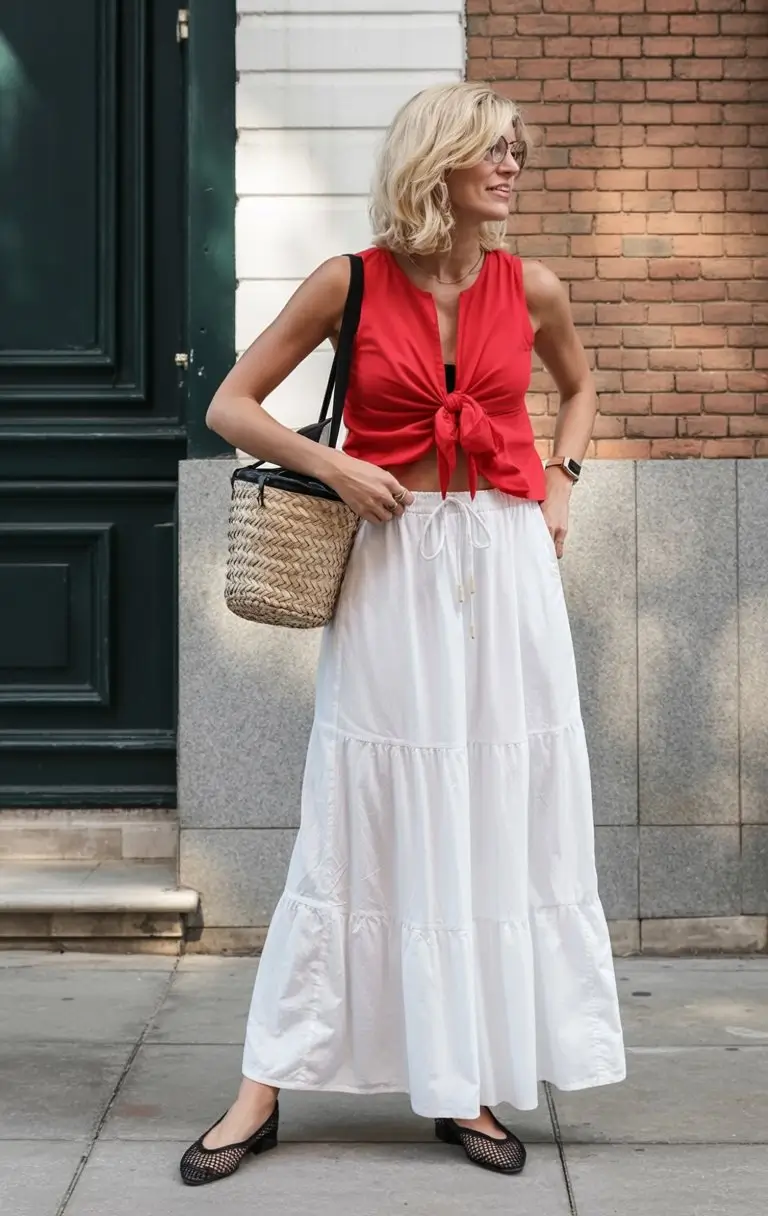 airy hot weather summer outfits 2026 Bold summer contrast with feminine statement pieces
